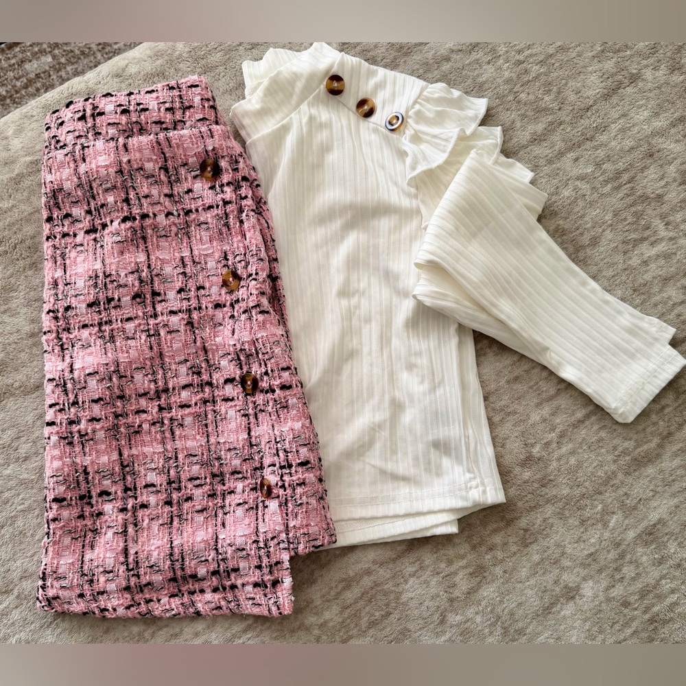 Girls Cream Longsleeve Top and Asymmetrical Pink Plaid Skirt Size 8